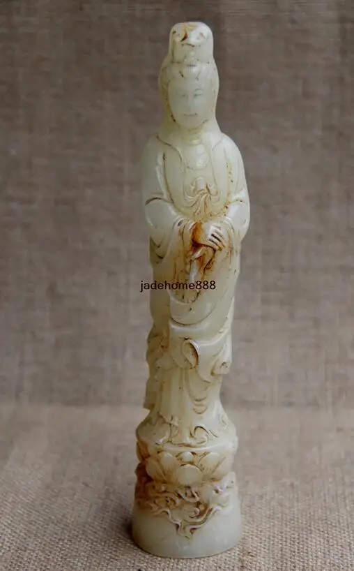 

8" China Old White Jade hand Carved stand vase guanyin Bodhisattva statue