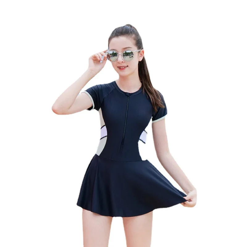 Children One Piece Swimsuit Short Sleeved Patchwork Princess Skirt Hot Spring With Shorts Zipper Swimwear For Girls Bathing Suit