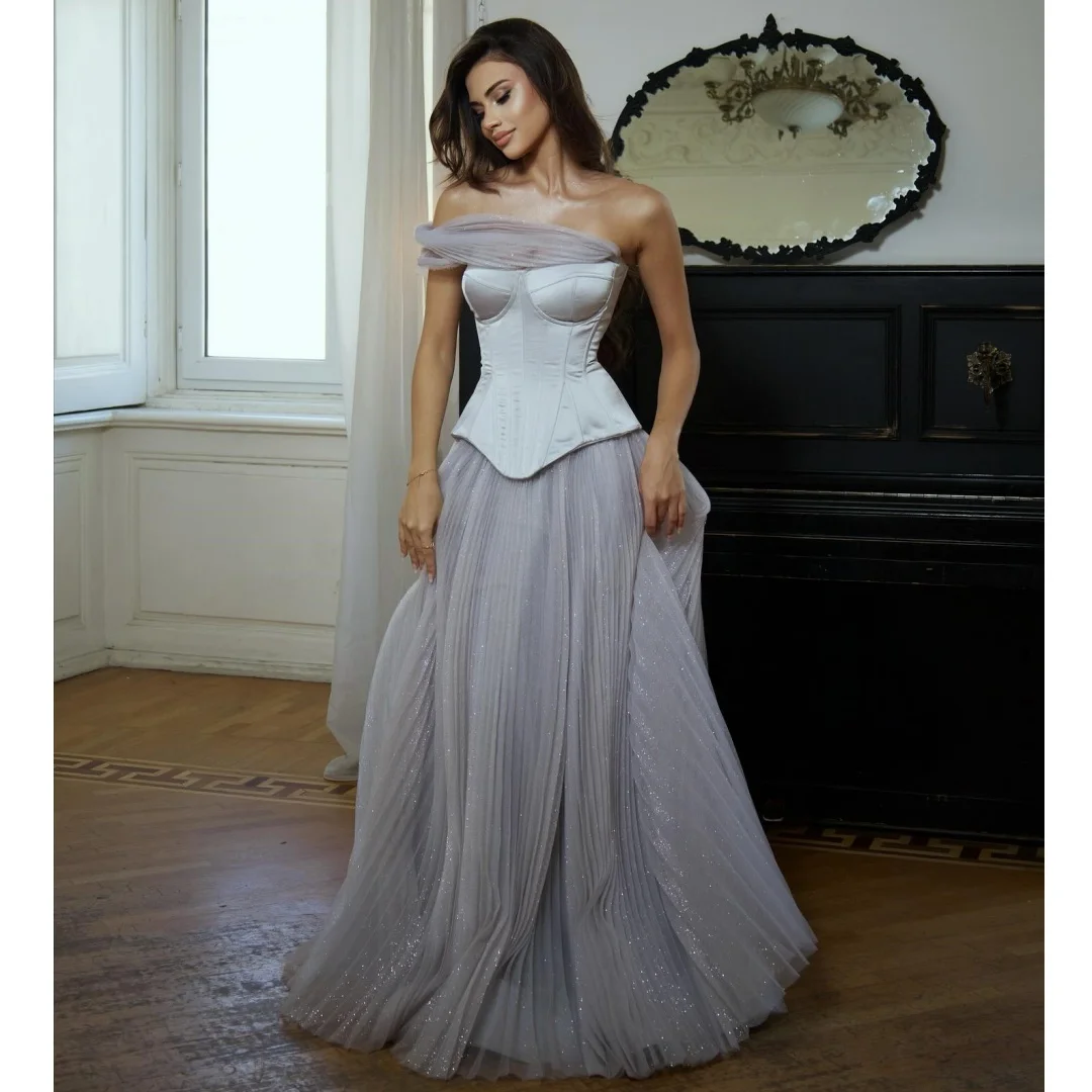

Stunning A Line Glitter Evening Dresses Pleated Skirt Satin Corset Wedding Party Dress Customized Elegant Vestidos