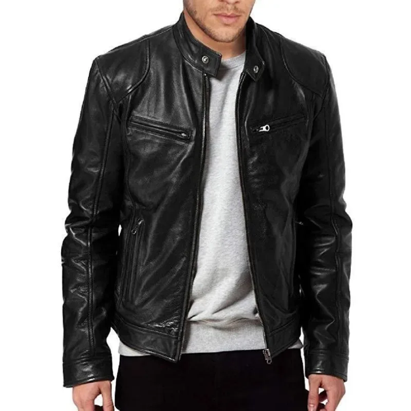 Fashionable Men\'s Stand Collar Leather Jacket with Motorcycle Style Men\'s Punk Style Leather Jacket with Motorcycle Elements