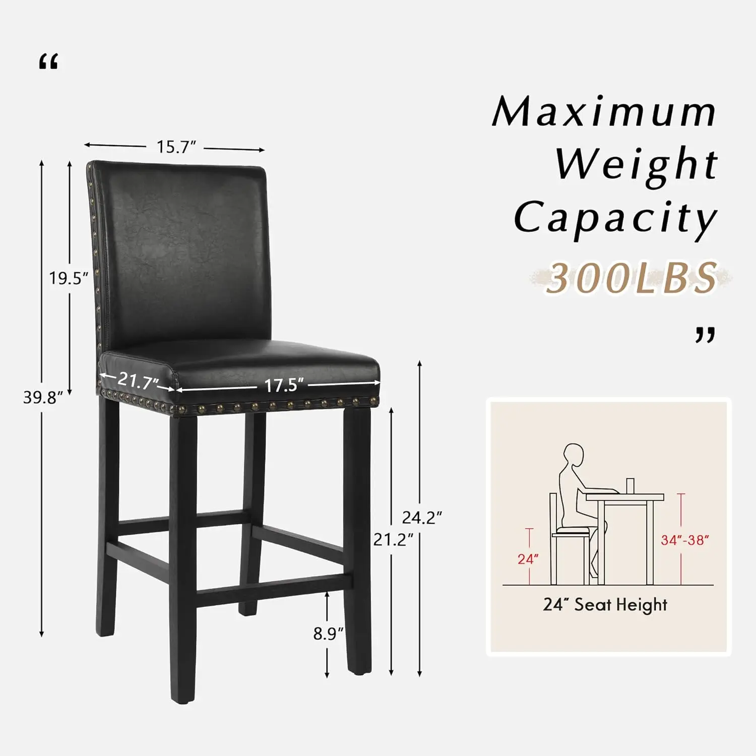 Conjunto de 4 bancos de bar de 24', altura de balcão com encosto, pernas de madeira, estofados em couro PU, preto
