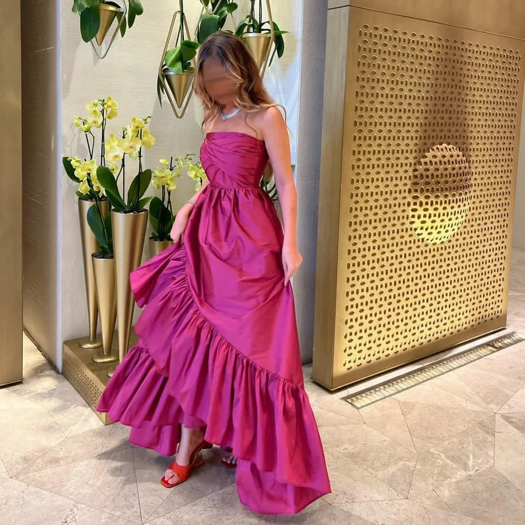 Classic Srapless Taffeta Evening Dresses With Ruffles فساتين السهرة A-Line Pleated Floor Length Dress Robe de soirée for Women