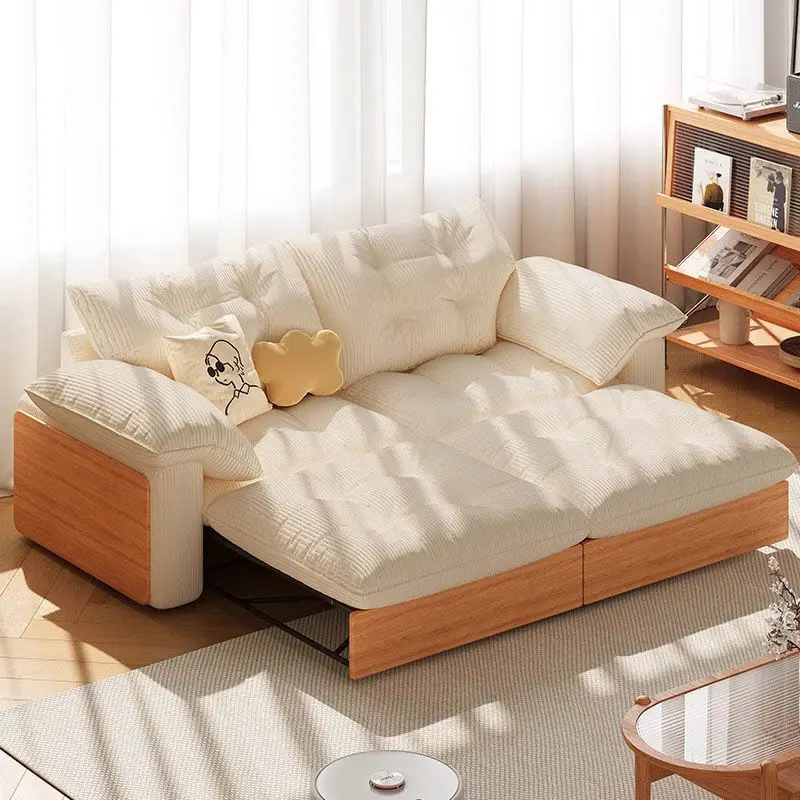 

Log wind fabric sofa bed, folding dual-purpose retractable solid wood, small apartment modern and simple, living room