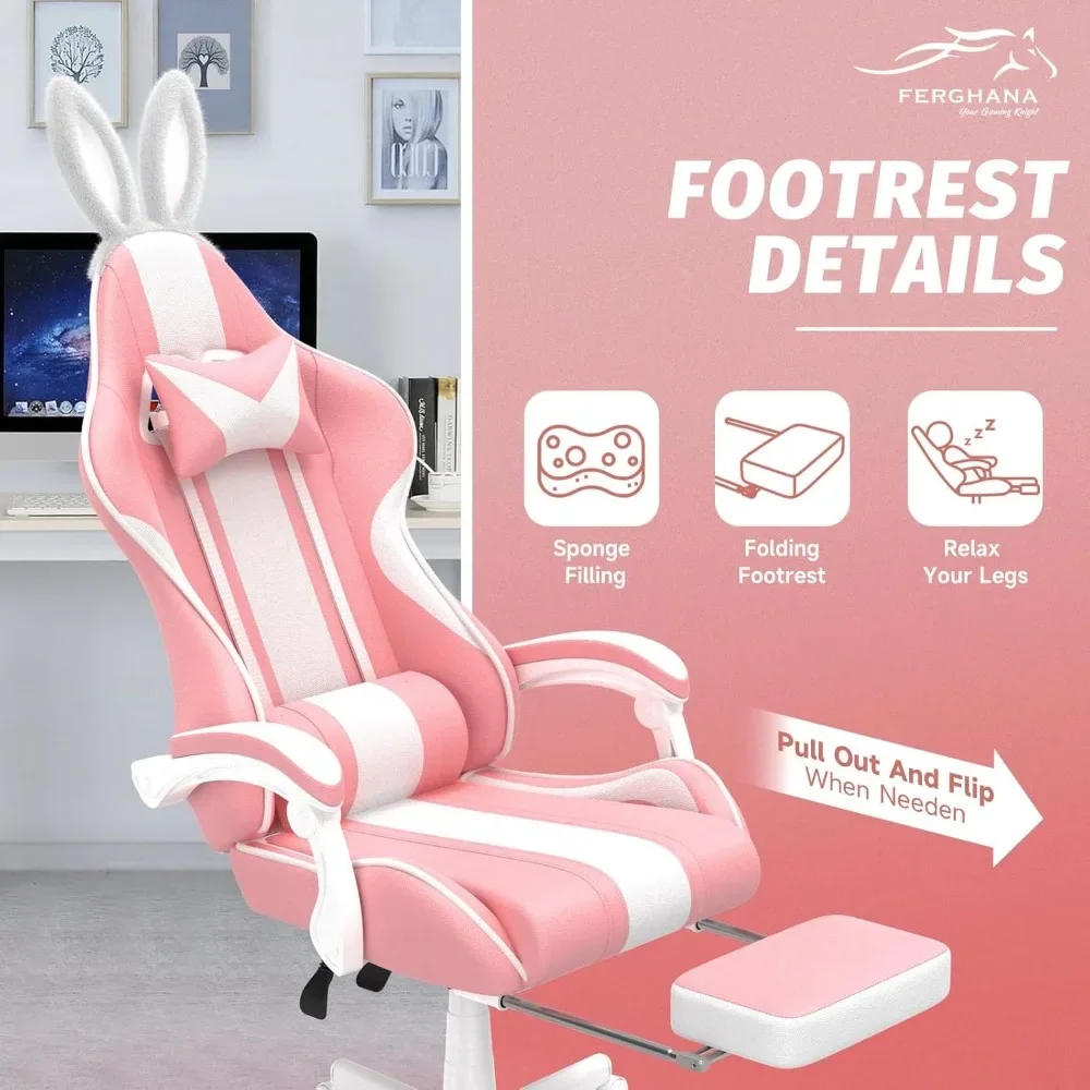 Gaming Chair with Bunny Ears, Ergonomic Cute Gamer Chair with Footrest and Massage, Racing Reclining Home Computer Game Chair