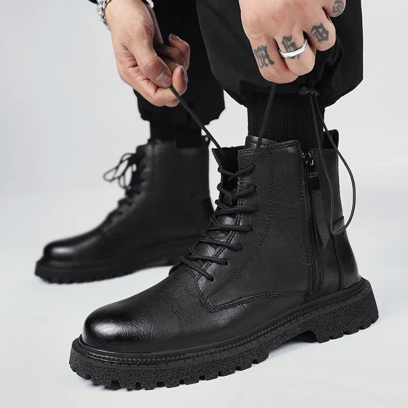Men's Black Ankle Boots Side Zipper Genuine Leather Combat Boots Male Non-slip Fashion Motorcycle Boots Casual Work Footwear view 4