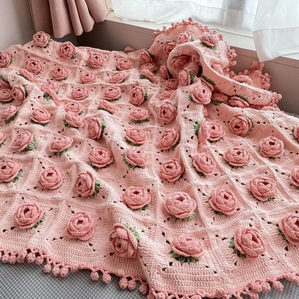 

Handmade Mother's Day Gift Tea Rose Flower Blanket Nap Time Crochet Wool Yarn Hook Woven oulder Wrap Fabric Accories