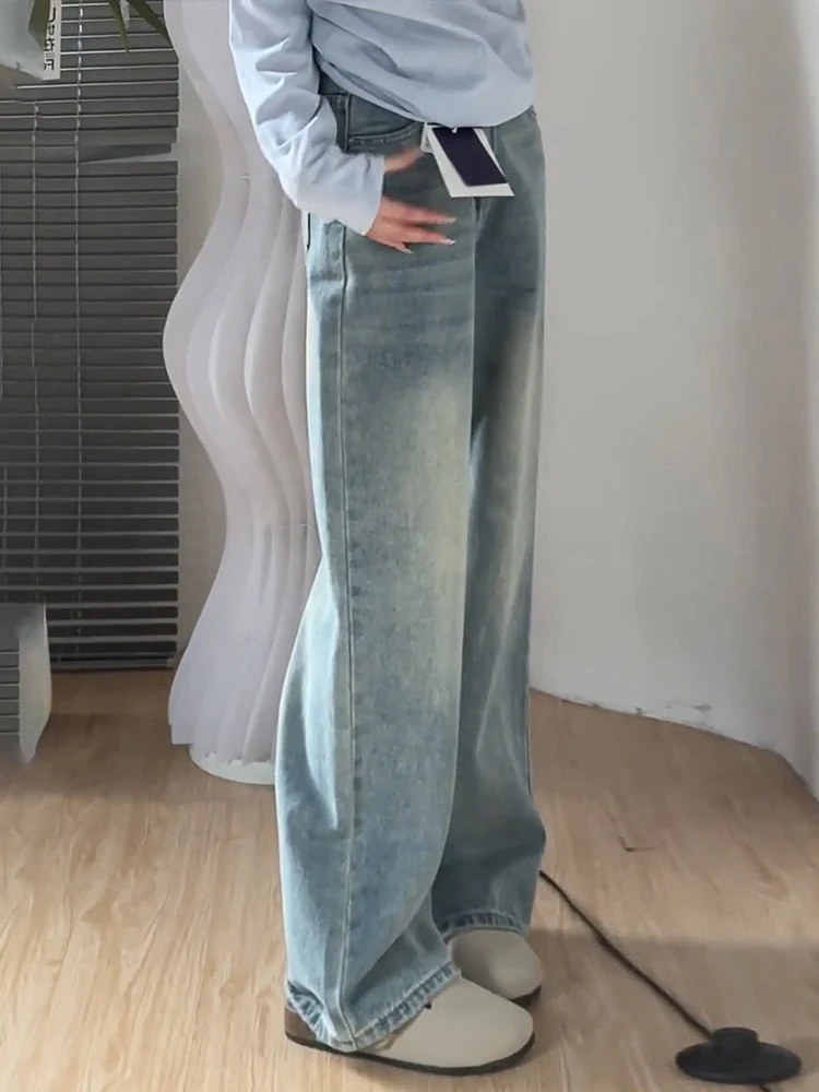 

Ретро-джинсы синего цвета с широкими штанинами для женщин, осенне-зимние, больших размеров, свободные, стройнящие, длиной в пол, универсальные, с высокой талией