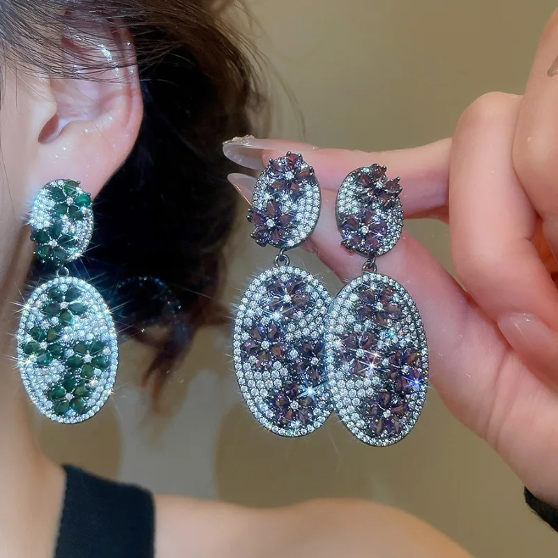 

Minar Vintage Green Purple Color CZ Cubic Zirconia Flower Oval Hanging Dangle Earrings for Women Black Gun Plated Copper Jewelry