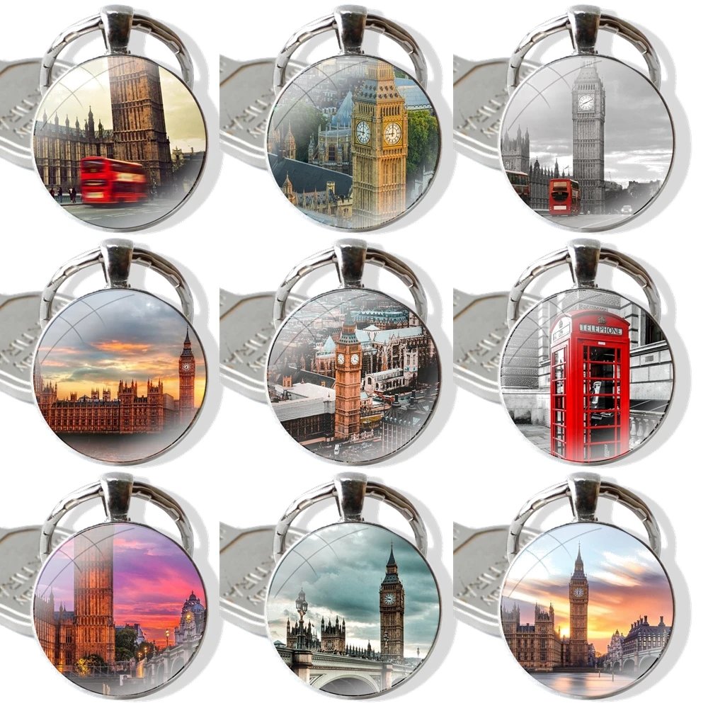 United Kingdom London Big Ben Keychain Handmade Glass Cabochon Key Ring Holder Pendant Key Chains