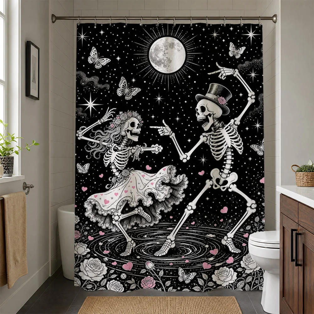 Waterproof Skeleton Skull Moon Curtain Gothic Halloween Boho Bathroom Decor Celestial Witchy Liner Curtain