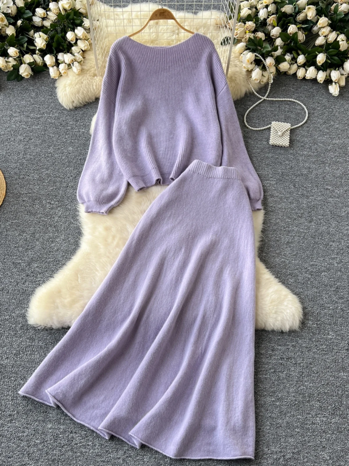 Conjunto de Suéter de Malha de Manga Longa Estilo Casual para Mulheres com Saia  de Cintura Alta Moda de Inverno Ajuste S...