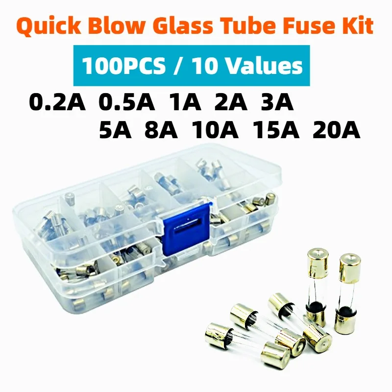 

100pcs 10 Values Quick Blow Glass Tube Fuse Assorted Kit DIYAmp 5x20mm 0.2A 0.5A 1A 2A 3A 5A 8A 10A 15A 20A 250V with Box