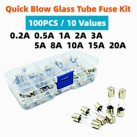 100pcs 10 Values Quick Blow Glass Tube Fuse Assorted Kit DIYAmp 5x20mm 0.2A 0.5A 1A 2A 3A 5A 8A 10A 15A 20A 250V with Box