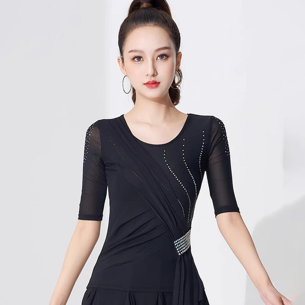 Latin Dance Costume Women Mid-Long Sleeve Slim Top Black Cha Cha Ballroom Waltz Dance Clothes Standard Dance Stage Wear AMY214