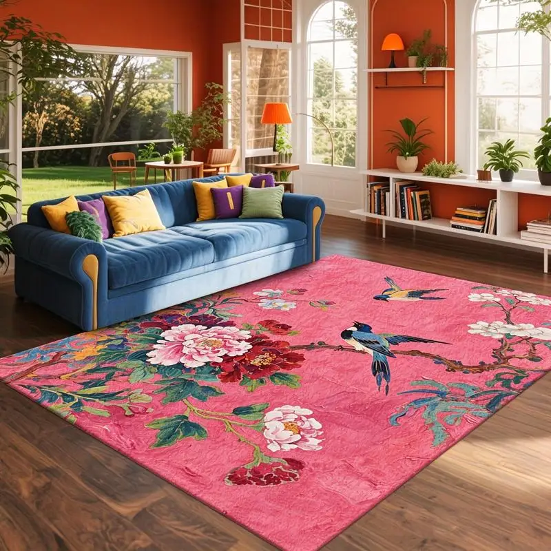 1PC Floral Bird Pattern Pink Area Rug, Vintage Washable Rug for Office, Living Room, Bedroom, Bathroom, Hallway, Dorm, Patio Modern Decor