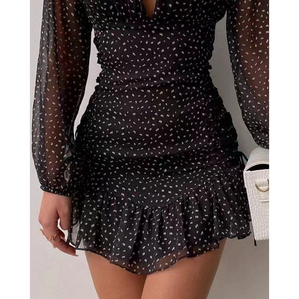 Vestido feminino com estampa em v, babado bodycon, manga lanterna, mini vestido de festa, roupas femininas, moda, 2022