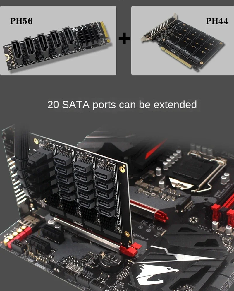 JMB585 PCI-E X16 Signal Split Array Card M.2 NVME 4 x Disks RAID Card Expansion PCIe 16x To SATA 20-Ports Extension Adapter Card