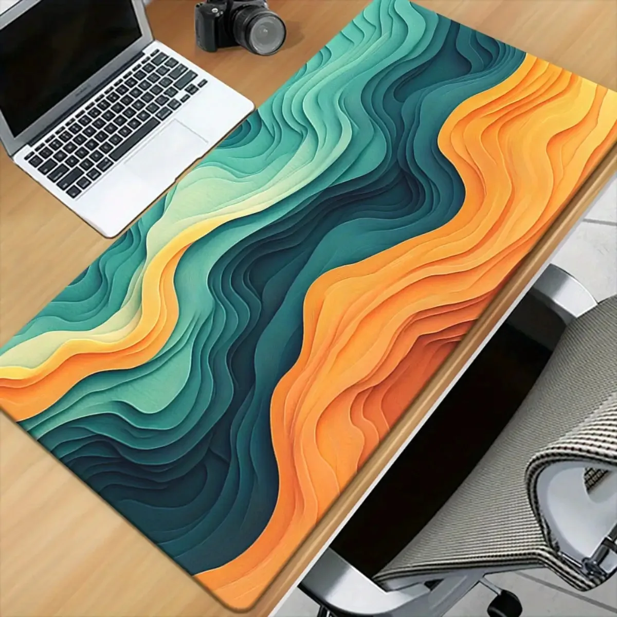 Orange Teal Wavy Paper Cut Desk Mat Extra Large Rubber Non-Slip Office Gaming Mouse Pad