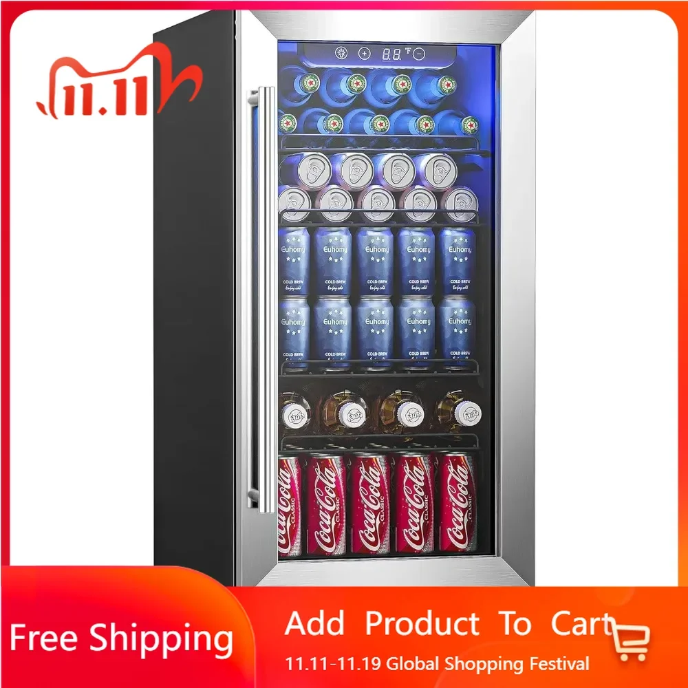 

15 Inch Beverage Refrigerator Cooler Under Counter 127 Cans Beverage Fridge Built-in or Freestanding with Glass Door, LED Light