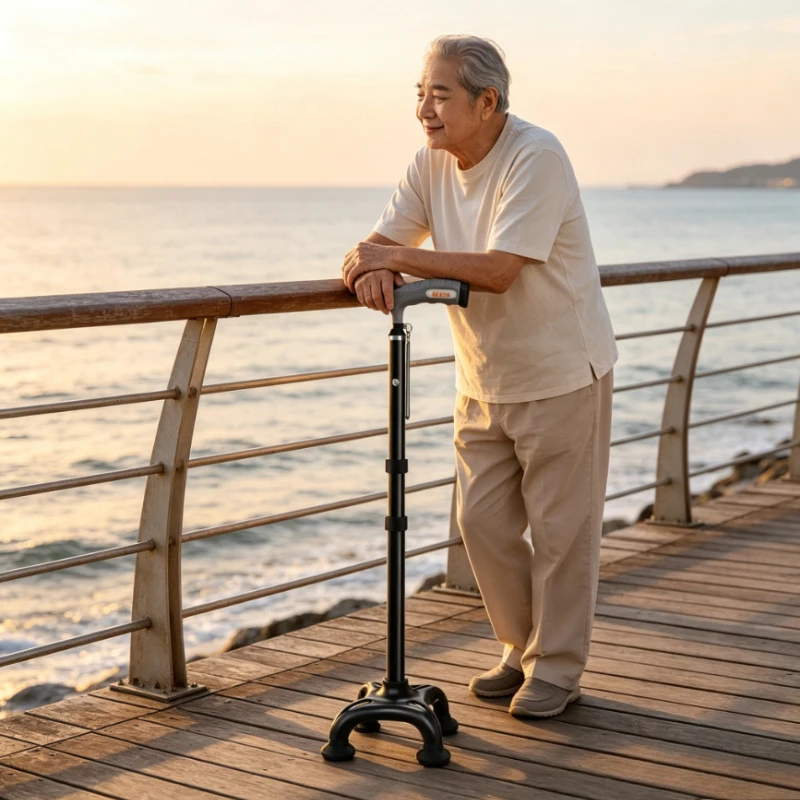 Ergonomic Handle Crutches for Elderly People Anti Slip Sturdy Aluminum Crutch Telescopic Foldable Four Legged Walking Aids Canes