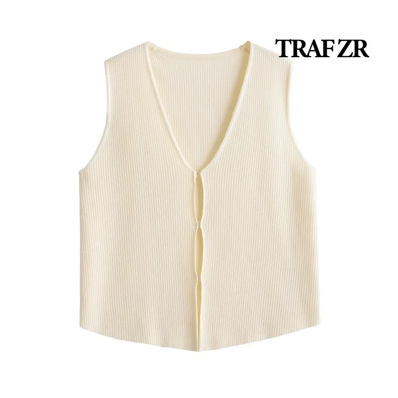 TRAF ZR Knit Vest for Women 2024 Summer Ladies Tops Sleeveless Women's Classic Vest Holiday Tops Prairie Chic Beige Vests