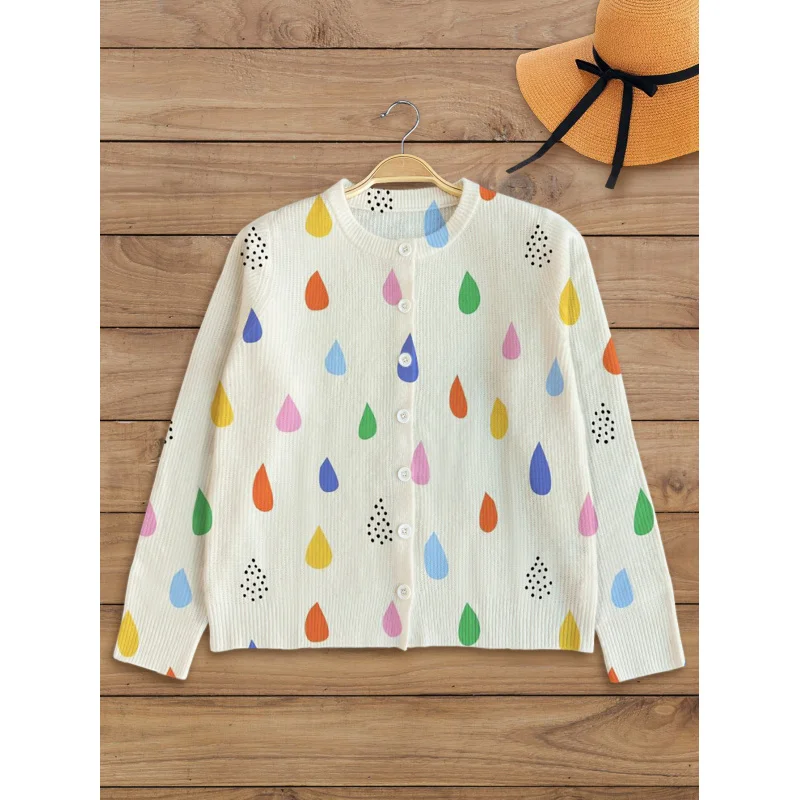 

Colorful Raindrop Print Digital-Printed Women's Knit Cardigan Thick & Loose Fit Round Neck & Long Sleeves Autumn/Winter Casual S