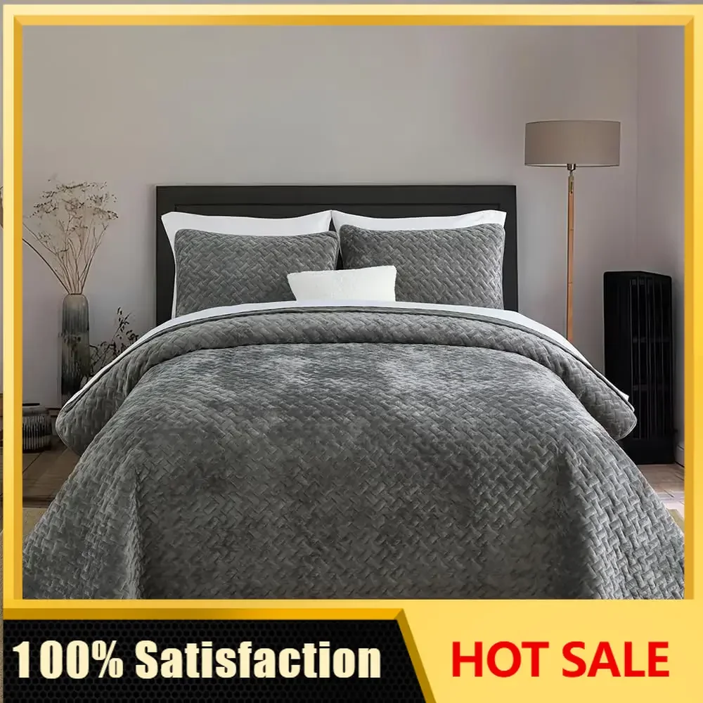 Velvet Bedspread Quilt Coverlet Bedding Sets, Grey, King Size | Luxury Elegant Soft Velvet, Weave Stitching Pattern, Cotton