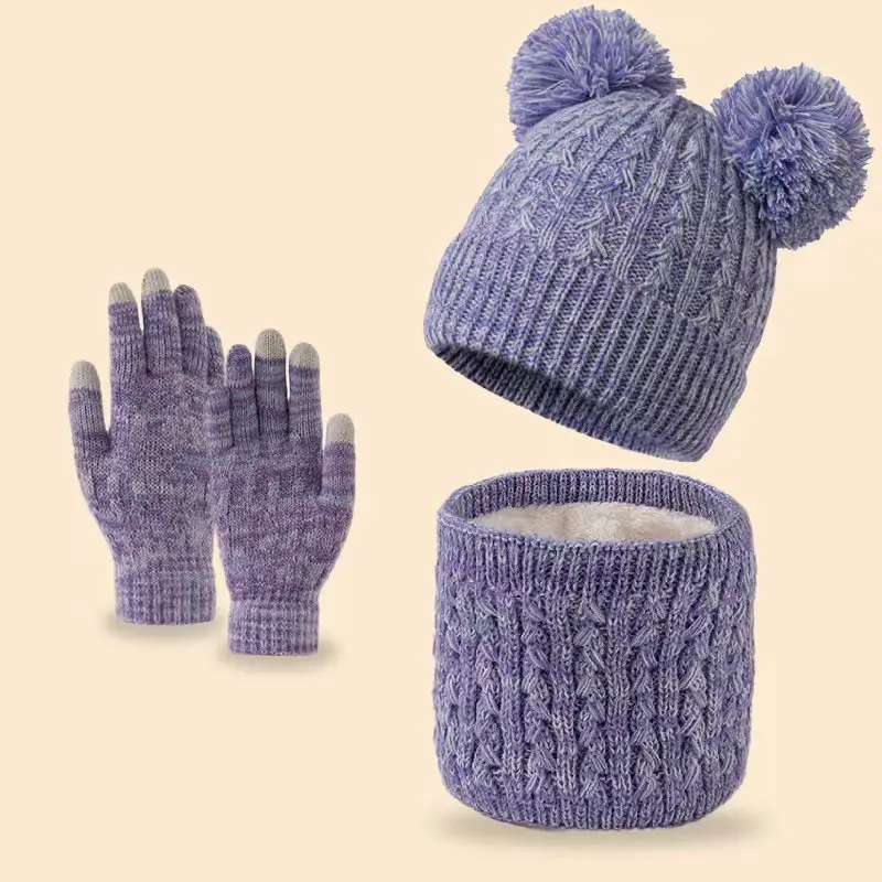 مجموعة من قبعة محبوكة سميكة من الصوف ذات خط مزدوج للأطفال بعمر 5-15 سنة ووشاح مهدب ومجموعة قفازات