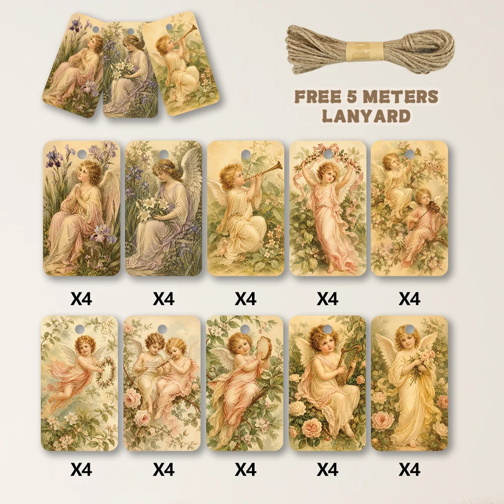 40pcs, Gift Tags, Retro Oil Painting Angel Floral, Hanging Paper Labels for Gift Wrapping, Holiday Party Decor with String