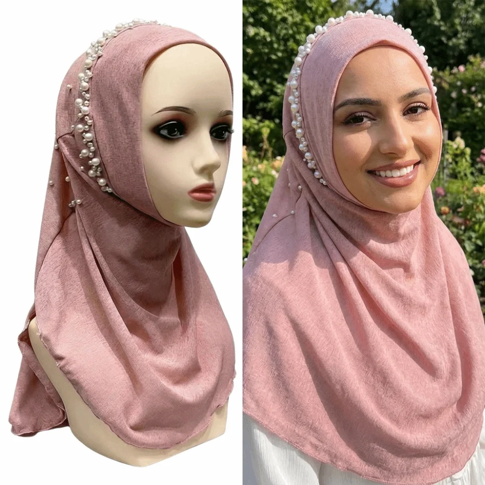 Pearl Beaded Trim Women Turban Cap Pull On Solid Color Pull On Head Wrap Full Coverage Elastic Fit Elastic Head Cover