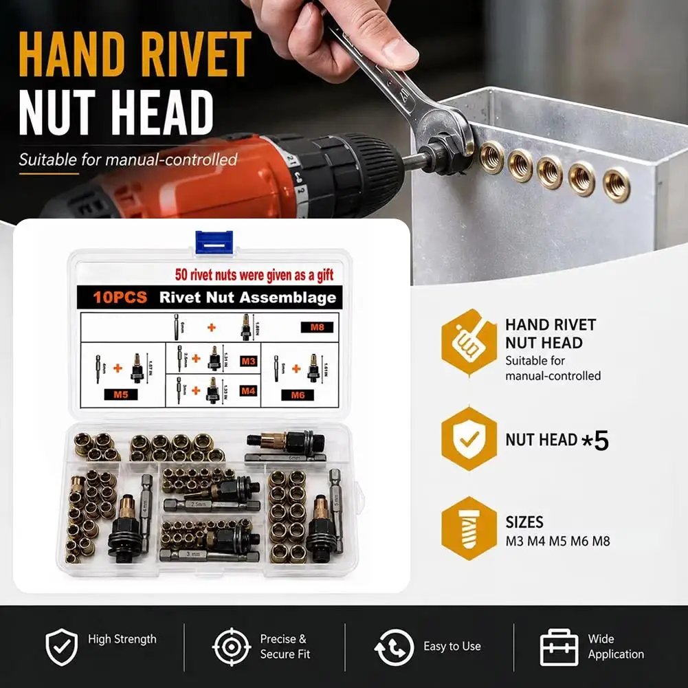 60PCS Head Rivet Nut Tool M3 M4 M5 M6 M8 Rivnut Kit Carbon Steel Rivnut Set Threaded Rivet Nut Kit Manual Riveter Rivnuts Tool