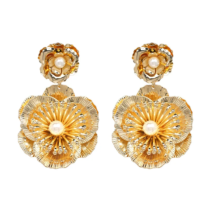 Summer Vintage Gold Color Big Flower Big Drop Earrings For Women Jewelry Fashion wedding Gift Ethnic Statement Earrings Wholesal