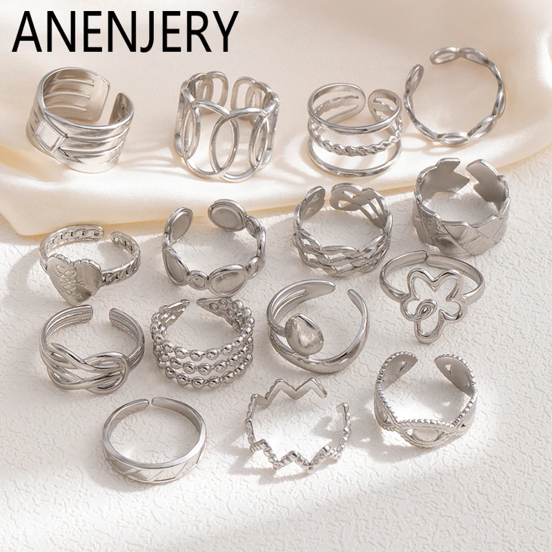 ANENJERY 316L Stainless Steel Twisted Flowers Square Knot Open Ring for Women Men Stylization Jewelry Wholesale Gifts