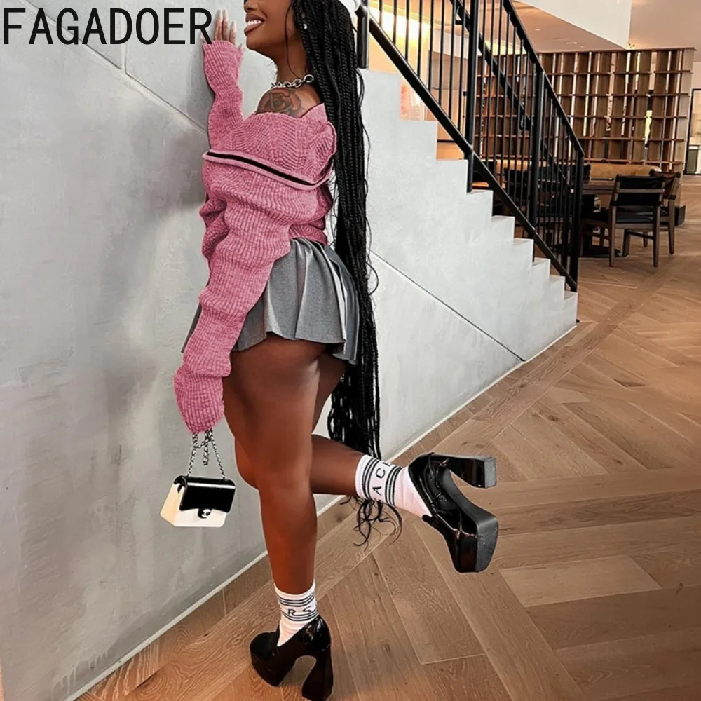 FAGADOER Fashion High Street Hot Girl Y2K Clothing Women Off Shoulder Button Long Sleeve Knitted Cardigan Casual Irregular Tops