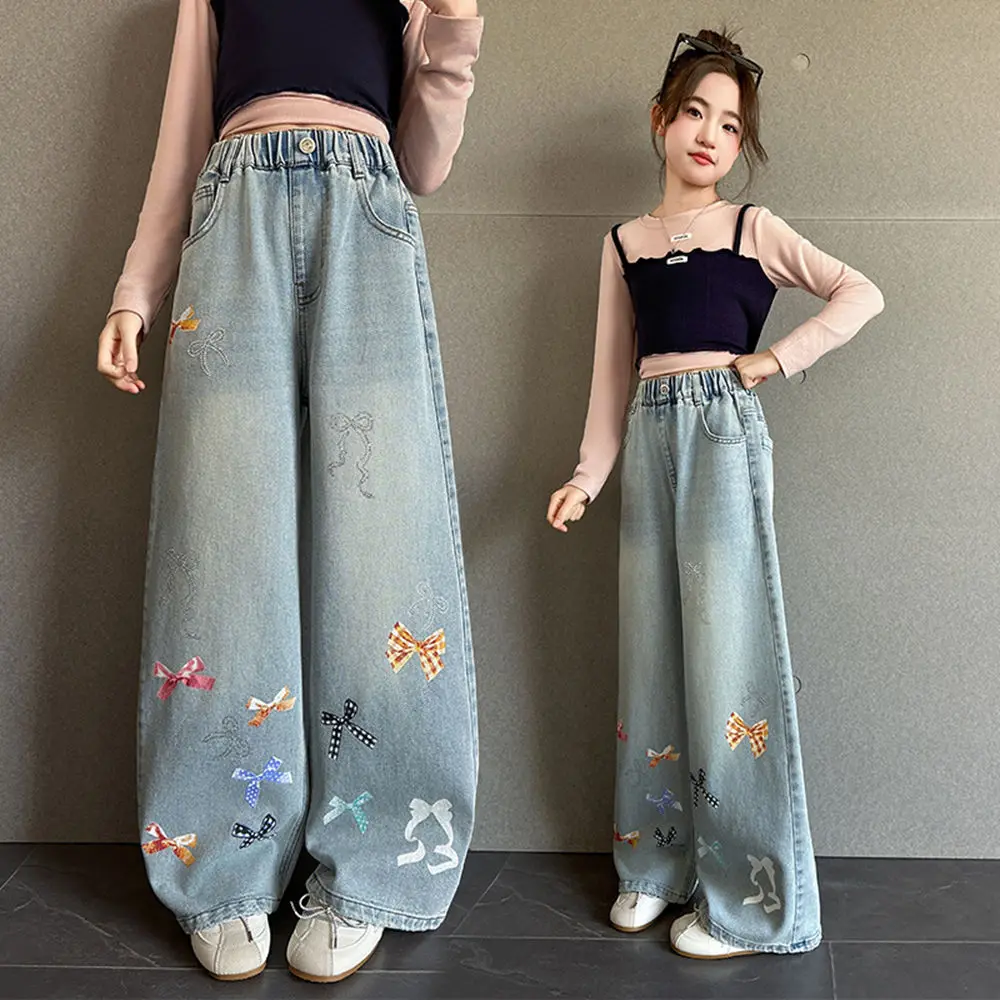Teenager Girls Bright Diamond Bow Wide Leg Jeans Cotton Trousers Spring New Junior Kids School Clothes 4 6 8 10 12 14 Years