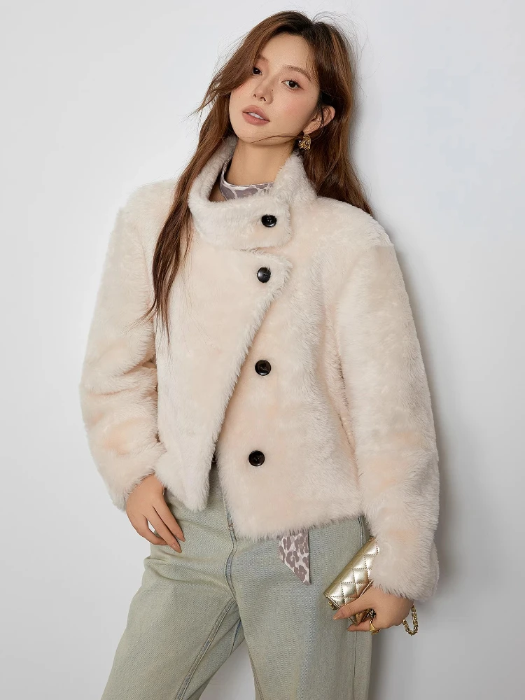 

High-end Luxury Lacon Lamb Fur Cropped Winter Jackets for Women 2026 Simple Stand Collar Genuine Leather Real Fur Lambswool Coat