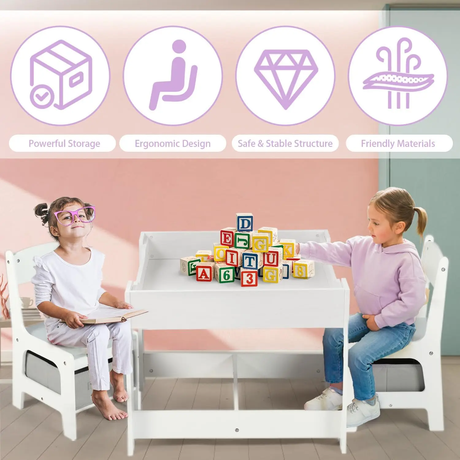 طقم طاولة خشبية وكرسيين من كينج كيدز، طاولة أنشطة للأطفال 3 في 1 مع مساحة تخزين، سطح طاولة قابل للإزالة، سبورة سوداء، طفل صغير من 3 قطع