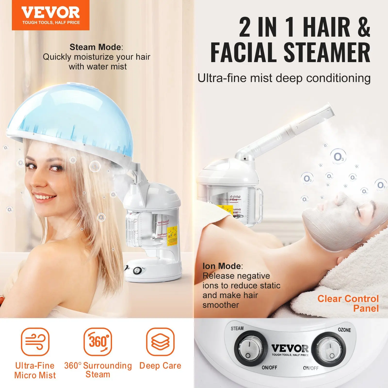 NEW 2 in 1 Hair & Facial Steamer Nano Ionic Face Steamer with 360° Rotatable Sprayer for Deep Conditioning