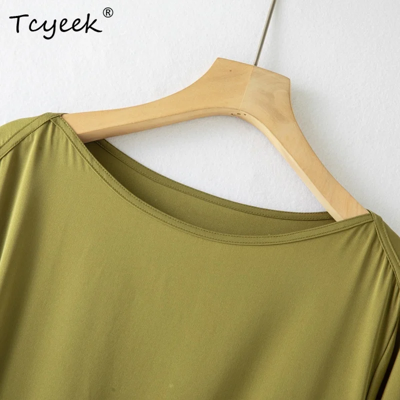 Tcyeek، فساتين أنيقة من الحرير بنسبة 93%، أكمام قصيرة ورقبة مائلة للسيدات، فستان بمزاج OL للتنقل، صيف 2024 D46193QC