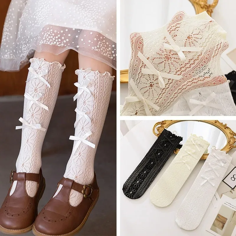 Summer Children's Lolita Thin Edge Curl Knee Length Socks Fashion Cute Bows Princess Hollowed Out Daisy Pattern Sock for Kids