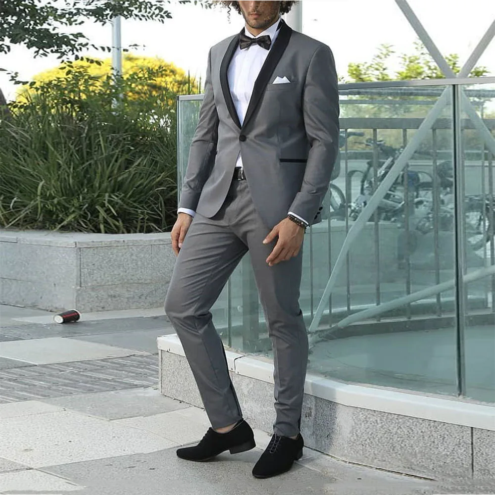 

Elegant Grey Suits For Men For Birthday Party Men's Suit Tow Priece (Jacket+Pant) Peak Lapel ForWedding Party