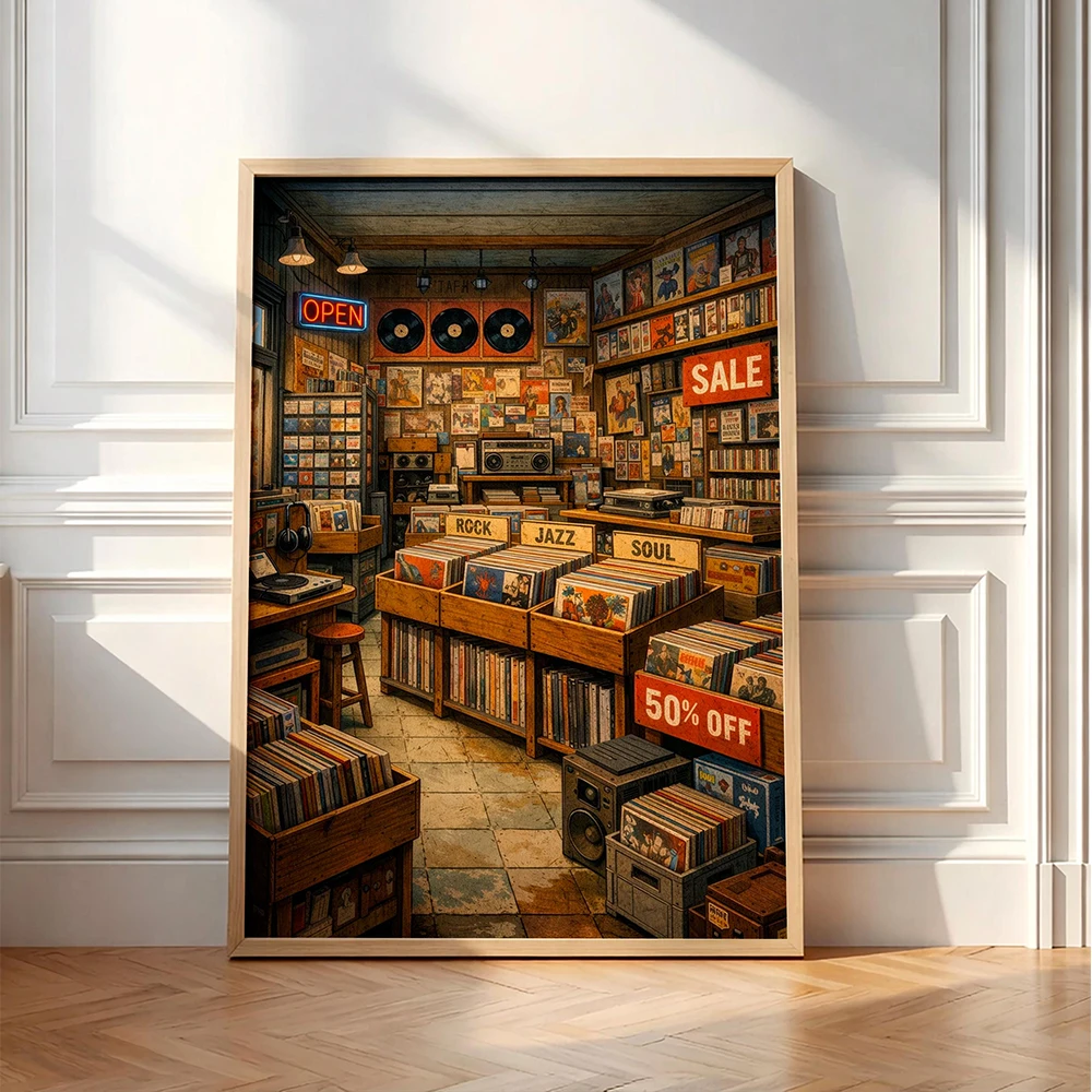 Vintage Record Store Canvas Poster, Retro Vinyl Shop Wall Art, Music Room Decor, Jazz Rock Soul Print, Music Lover Gift