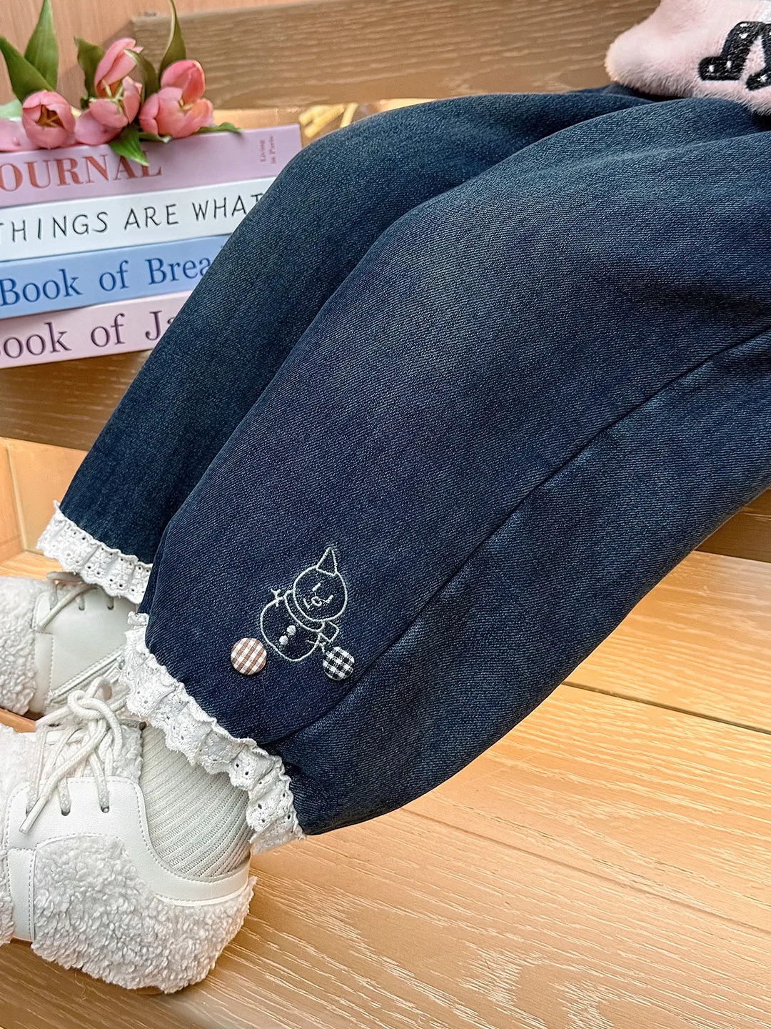 

Детские джинсы с рюшами и флисовой подкладкой, зимний комплект, повседневные свободные бархатные брюки с высокой талией, прямые штаны