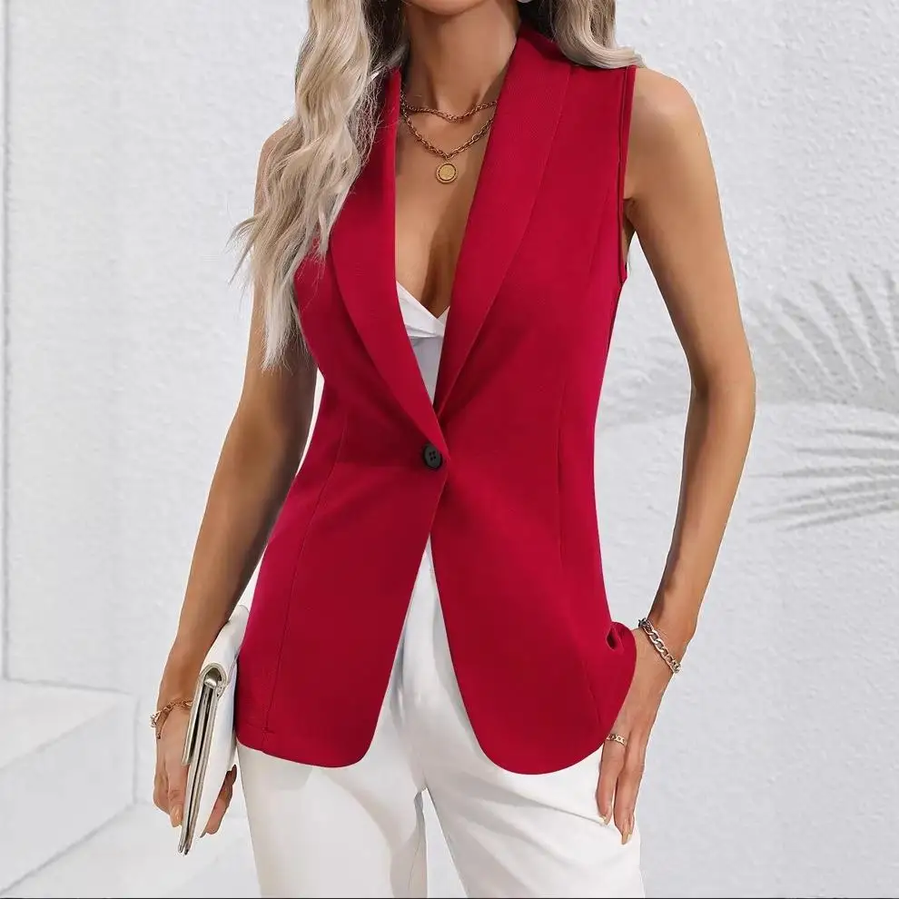 

Spring Autumn 2026 Pure Color Single Button Sleeveless round Neck Cardigan Jacket Women's Long Style Color No Hat
