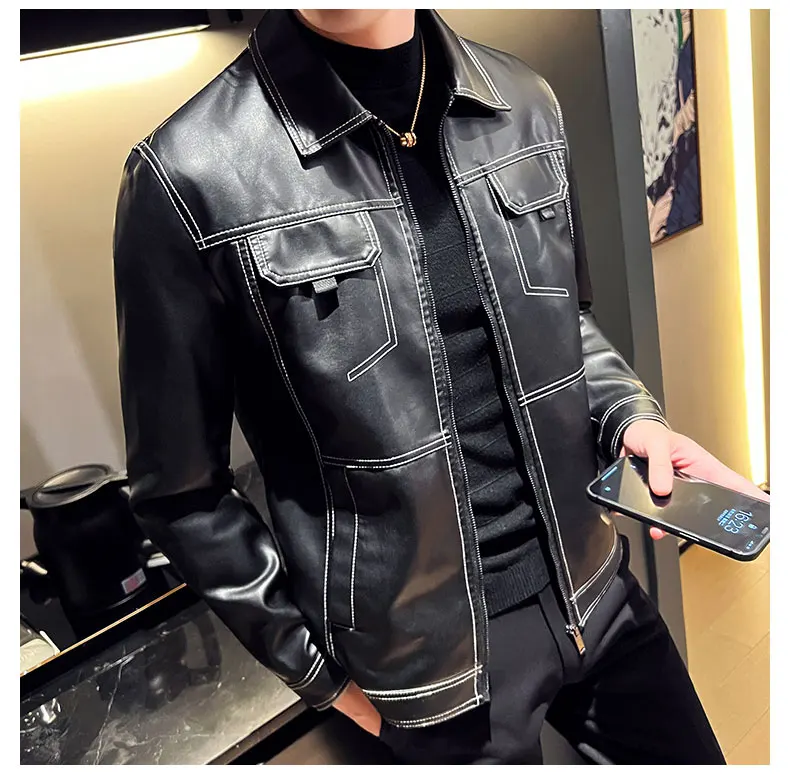 Men's Motorcycle Leather Jacket Stand Collar Solid Black PU Top Trend Windproof Streetwear Faux Leather Coat Spring Autumn Style