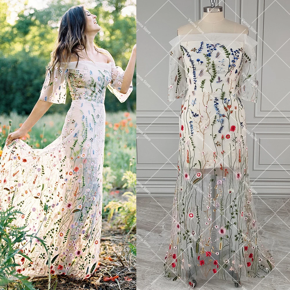 Off Shoulder Floral Embroidery A Line Wedding Gown Customized Short Sleeves Colorful Rustic Colorful See Through Bridal Dress