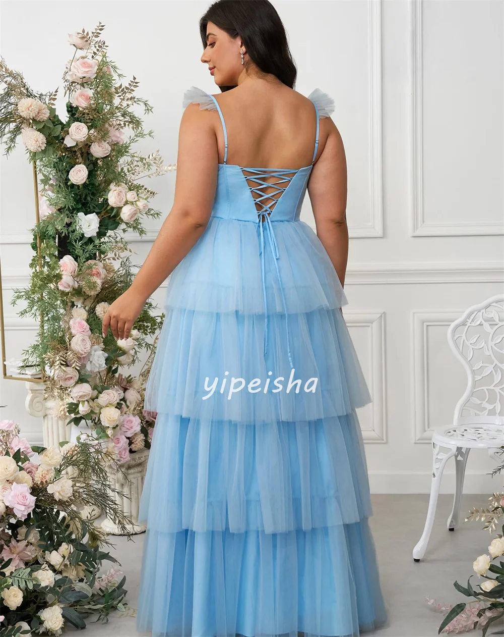 Customized Modern Style Fashion Tulle Tiered Straight Spaghetti strap Long Dresses Bespoke Occasion Dresses Matching Classic