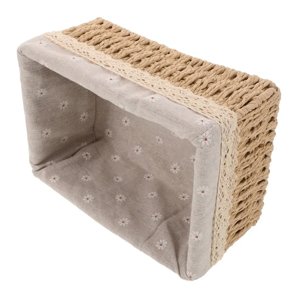 With Removable Lace Lining Woven Storage Basket Rectangle Shape Large Capacity Desktop Sundries Organizer Multifunctional