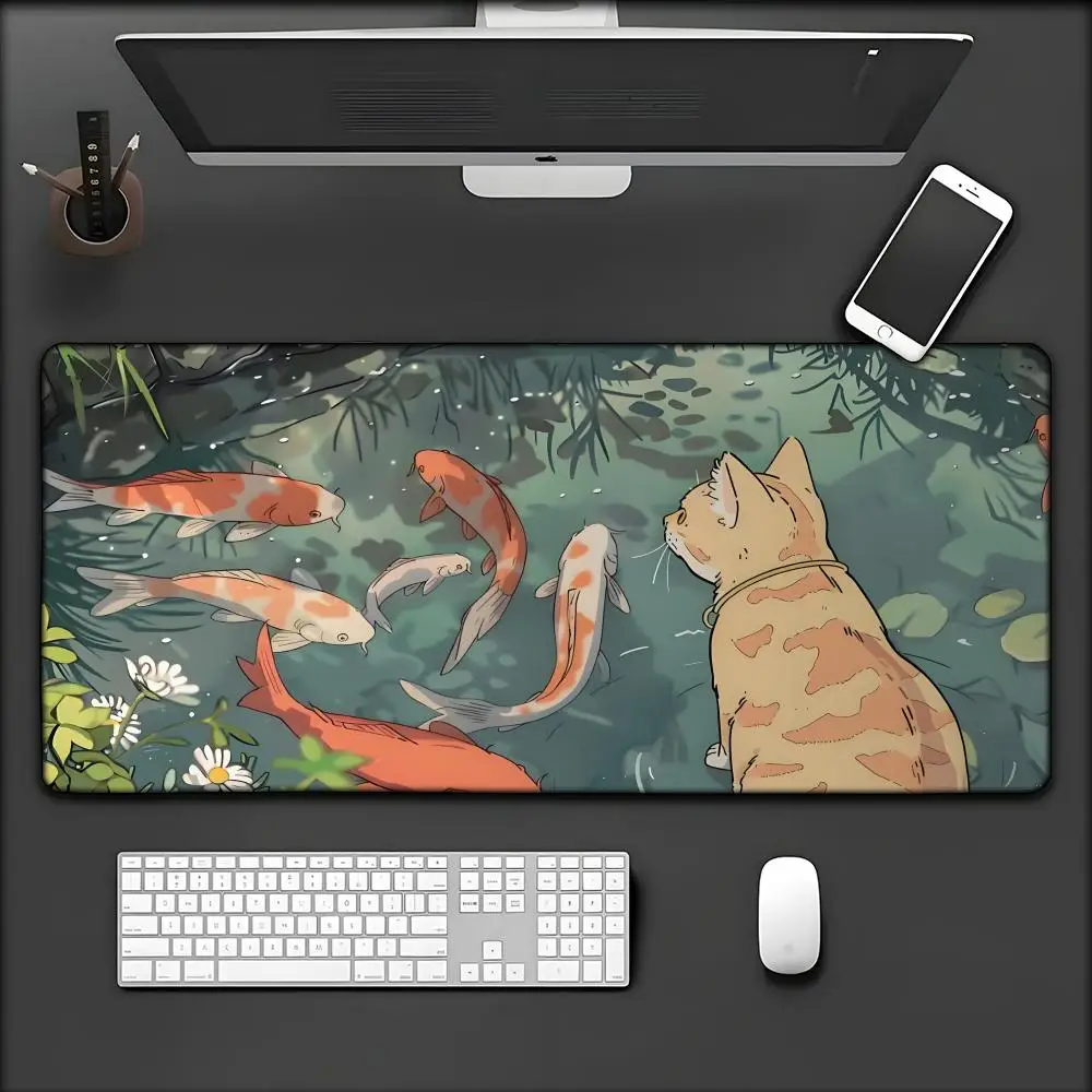Cute Cartoon Cat Fish Mouse Pad Green Large Computer Keyboard Pad Natural Rubber Anti-Slip Pad Perfect Gift for Girlfriend Women