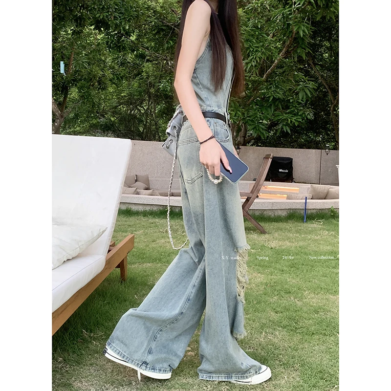 Women's Casual Denim Overalls Vintage Button Down Sexy Backless Holes Hollow Out Ripped Denim Full Pants Female 2024 New Jeans